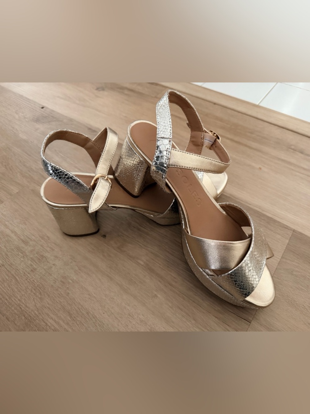 AEROSOLES Cosmos Metallic Gold Block Heel Sandals - Women's Dress Sandals